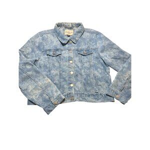 Ashley Vintage Charm Floral Design Denim Jean Jacket Cropped Size XL